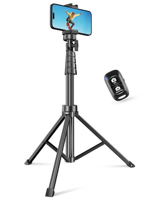 Black tripod with smartphone and remote; phone displays a dancer against a blue background.