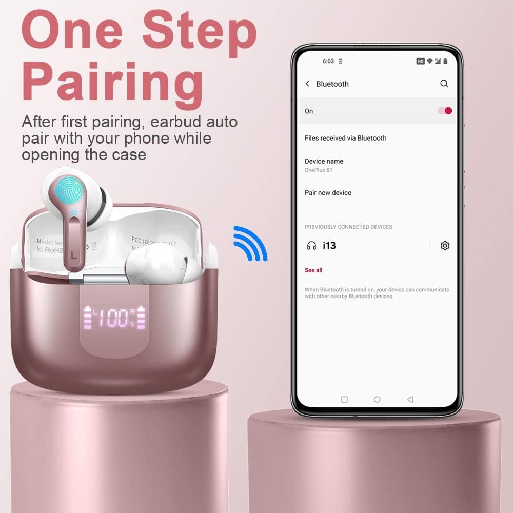 Wireless Earbuds, 2026 Bluetooth 5.4 Headphones NEW Ear Buds 40H Bass Stereo in-Ear Earphones ENC Noise Cancelling Earbuds with 4 HD Mic, USB-C LED Display IP7 Waterproof Sport Headset for Android iOS