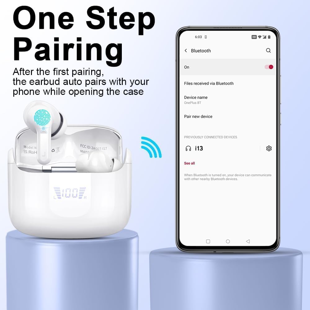 Wireless Earbuds, 2026 Bluetooth 5.4 Headphones NEW Ear Buds 40H Bass Stereo in-Ear Earphones ENC Noise Cancelling Earbuds with 4 HD Mic, USB-C LED Display IP7 Waterproof Sport Headset for Android iOS