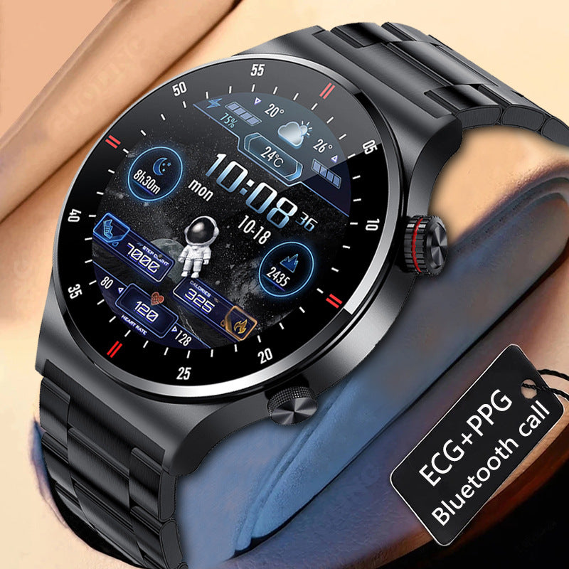 Black smartwatch with a colorful digital display showing time, weather, and fitness data.