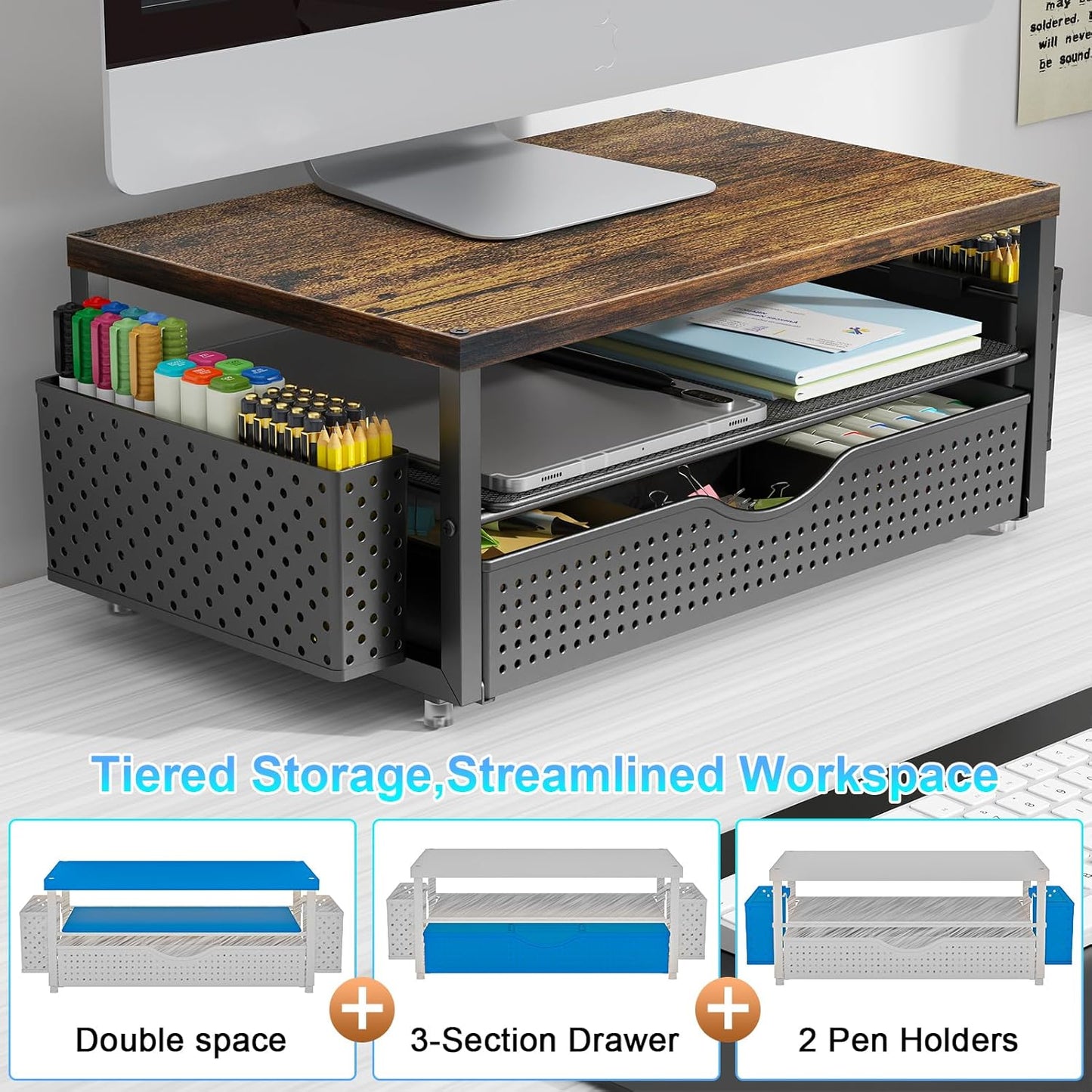 Wood Monitor Stand Riser, Office Desk Shelf Organizer, Desk Organizer with Drawer and Pen Holder, 2-Tier Computer Stand, Office Organization (Wood)