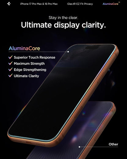 Spigen AluminaCore Tempered Glass Screen Protector [Glas.tR EZ Fit - Privacy] designed for iPhone 17 Pro | iPhone 17 | iPhone 16 Pro [2 Pack] 9H+ Hardness, Aluminum-Enhanced Durability | Tempered Glass, Privacy