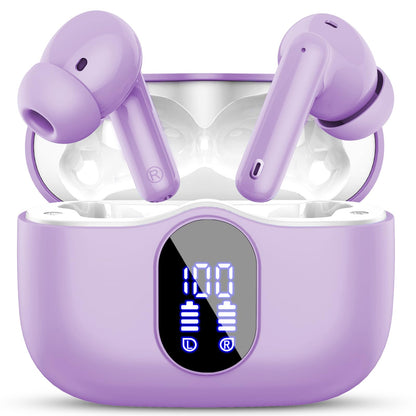 Wireless Earbuds, Bluetooth 5.4 Headphones Bass Stereo, Ear Buds with Noise Cancelling Mic, LED Display in Ear Earphones Clear Calls, IP7 Waterproof Bluetooth Earbuds for Phones/Sports/Laptop, White