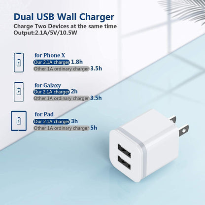 White dual USB wall charger on a blue surface, with charging time comparisons for various devices.