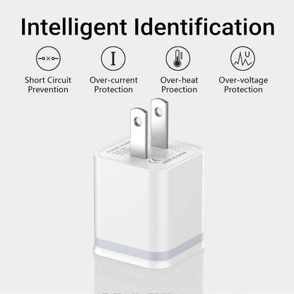 White USB wall charger with metal prongs, featuring icons for protection against electrical faults.