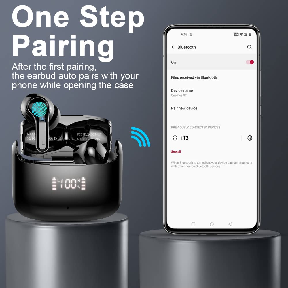 Wireless Earbuds, 2026 Bluetooth 5.4 Headphones NEW Ear Buds 40H Bass Stereo in-Ear Earphones ENC Noise Cancelling Earbuds with 4 HD Mic, USB-C LED Display IP7 Waterproof Sport Headset for Android iOS