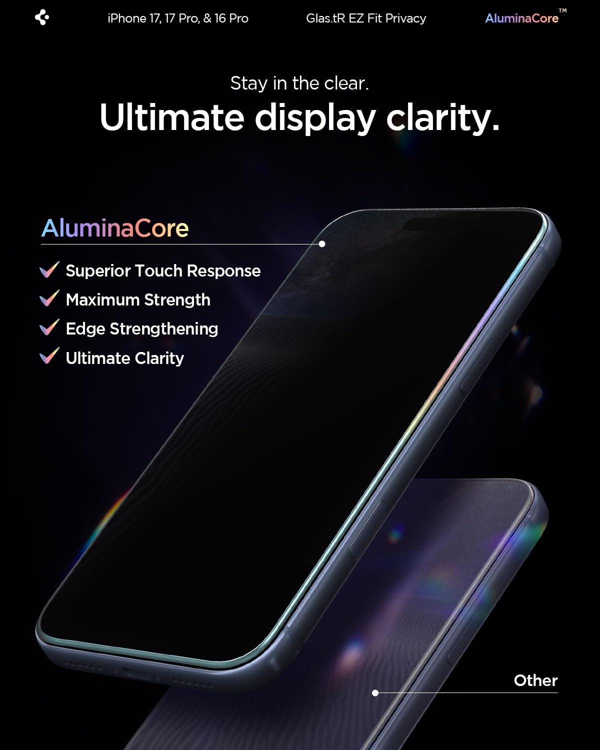 Spigen AluminaCore Tempered Glass Screen Protector [Glas.tR EZ Fit - Privacy] designed for iPhone 17 Pro | iPhone 17 | iPhone 16 Pro [2 Pack] 9H+ Hardness, Aluminum-Enhanced Durability | Tempered Glass, Privacy