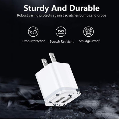 White charger with metal prongs on a dark background; labeled sturdy, drop-protection, scratch-resistant.