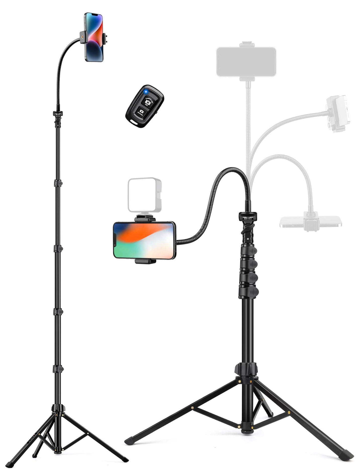 Adjustable black tripod with phone holder, remote control, and flexible arm; phone screen visible.