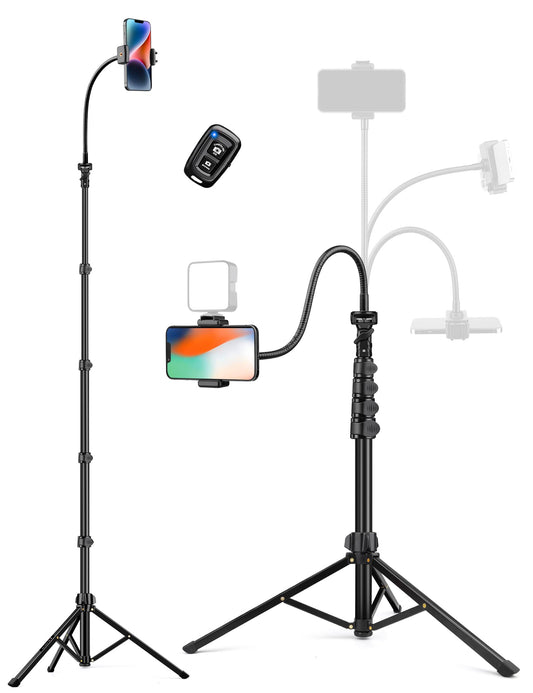 Adjustable black tripod with phone holder, remote control, and flexible arm; phone screen visible.