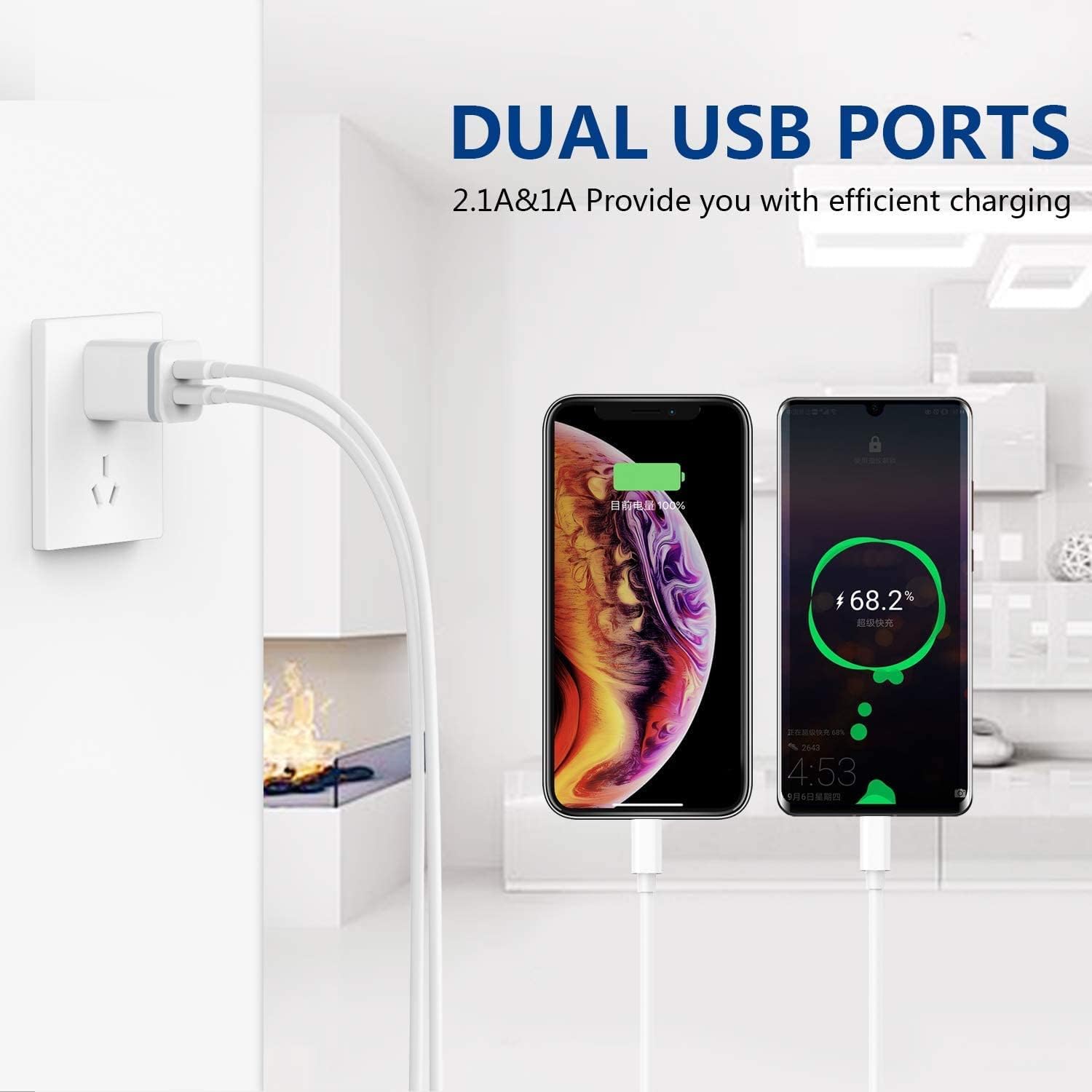 Two phones charging with dual USB ports, white cables, and battery indicators on screens.