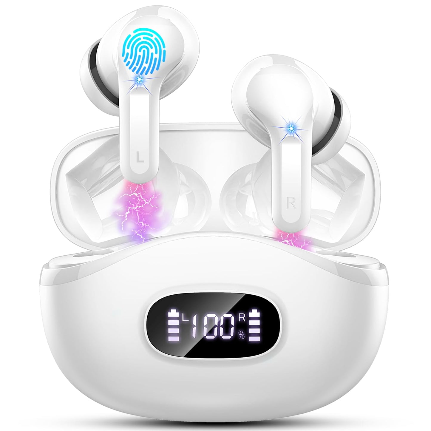 White wireless earbuds in a charging case with LED display showing 100% charge.