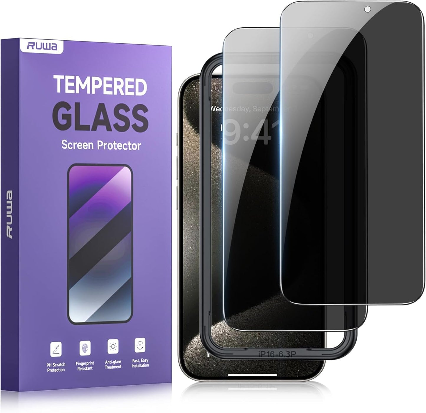ruwa Privacy Screen Protector for iPhone 13/13 Pro/14/16e [2-Pack][6.1 Inch] Display Tempered Glass Film with Easy Installation Frame, Ultra HD, 9H Hardness, Scratch Resistant, Case Friendly