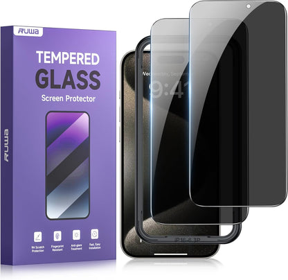 ruwa Privacy Screen Protector for iPhone 13/13 Pro/14/16e [2-Pack][6.1 Inch] Display Tempered Glass Film with Easy Installation Frame, Ultra HD, 9H Hardness, Scratch Resistant, Case Friendly