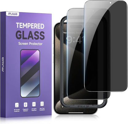 ruwa Privacy Screen Protector for iPhone 13/13 Pro/14/16e [2-Pack][6.1 Inch] Display Tempered Glass Film with Easy Installation Frame, Ultra HD, 9H Hardness, Scratch Resistant, Case Friendly