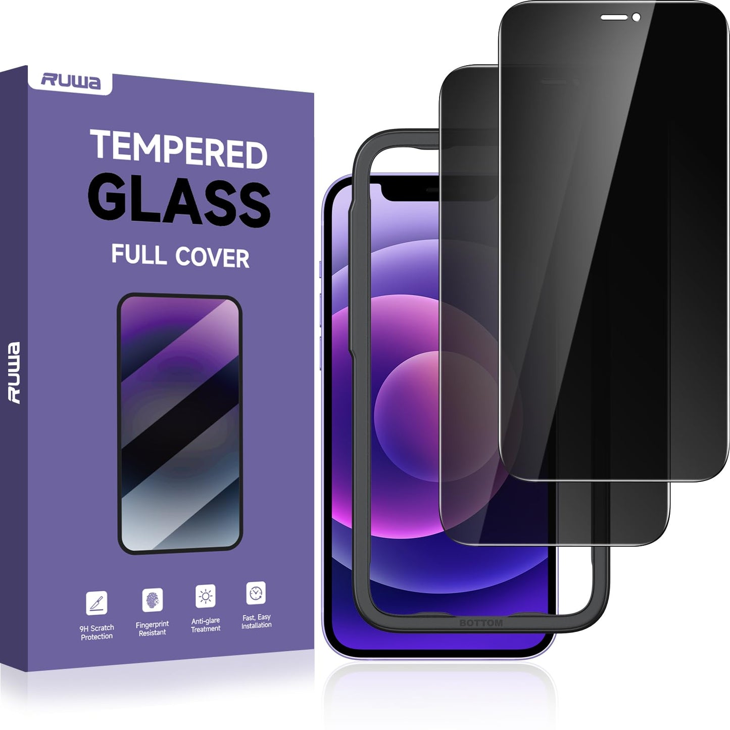 ruwa Privacy Screen Protector for iPhone 13/13 Pro/14/16e [2-Pack][6.1 Inch] Display Tempered Glass Film with Easy Installation Frame, Ultra HD, 9H Hardness, Scratch Resistant, Case Friendly