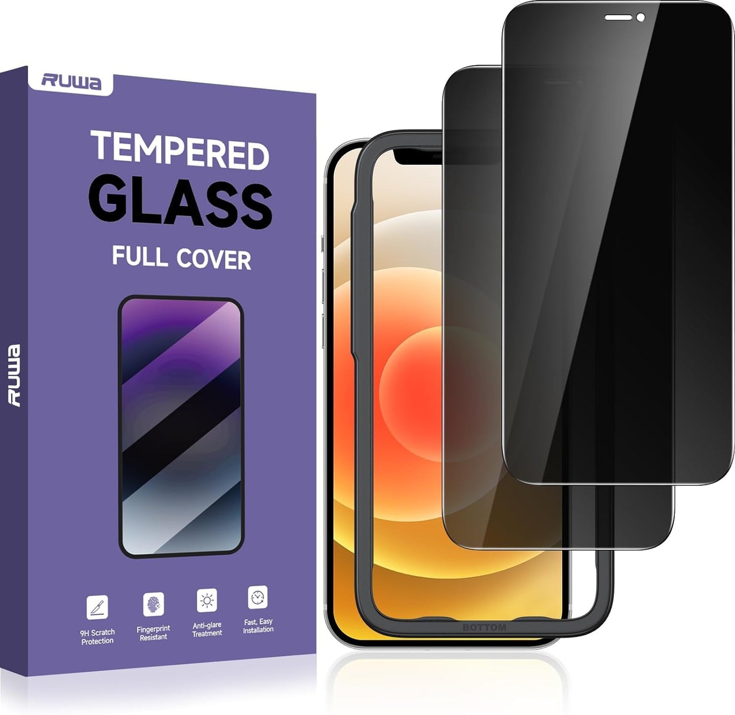 ruwa Privacy Screen Protector for iPhone 13/13 Pro/14/16e [2-Pack][6.1 Inch] Display Tempered Glass Film with Easy Installation Frame, Ultra HD, 9H Hardness, Scratch Resistant, Case Friendly