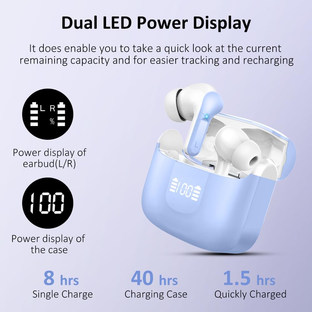 Wireless Earbuds, 2026 Bluetooth 5.4 Headphones NEW Ear Buds 40H Bass Stereo in-Ear Earphones ENC Noise Cancelling Earbuds with 4 HD Mic, USB-C LED Display IP7 Waterproof Sport Headset for Android iOS