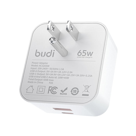 White 65W power adapter with prongs, brand name "budi," and specifications printed on the surface.