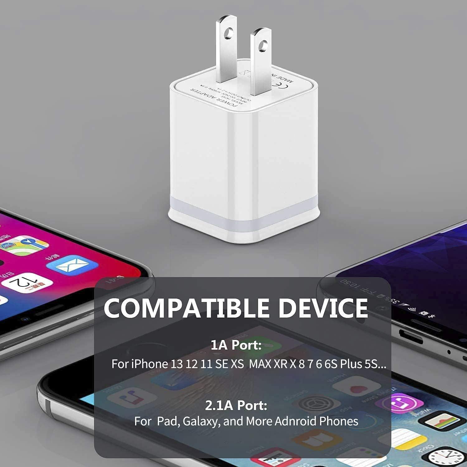 White USB wall charger with dual ports, surrounded by various smartphones on a gray background.