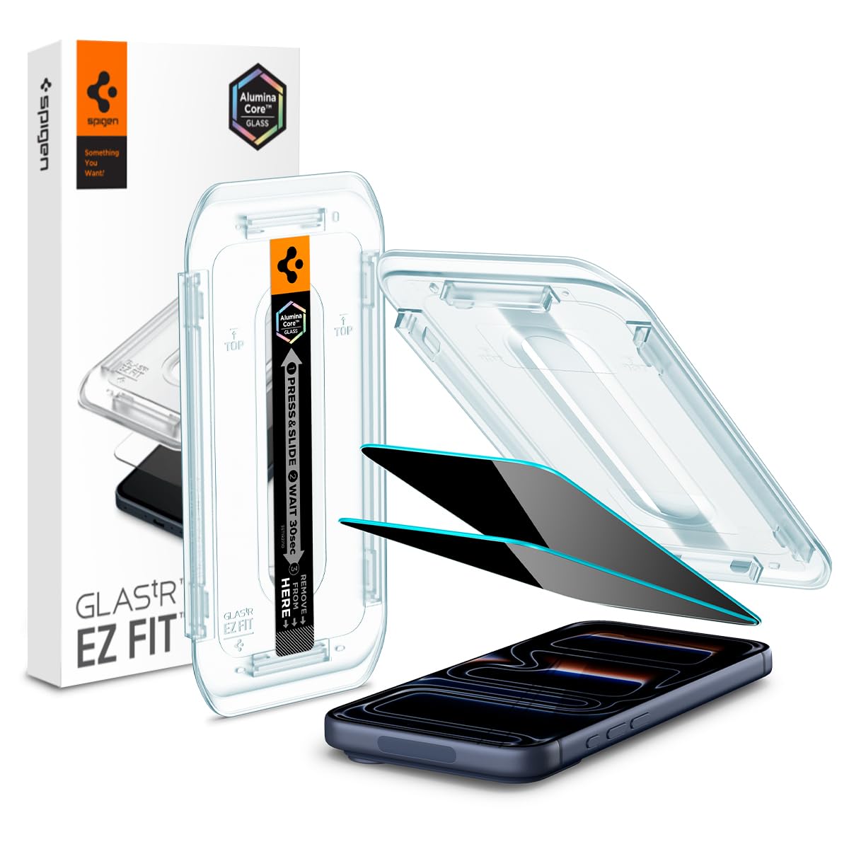 Spigen AluminaCore Tempered Glass Screen Protector [Glas.tR EZ Fit - Privacy] designed for iPhone 17 Pro | iPhone 17 | iPhone 16 Pro [2 Pack] 9H+ Hardness, Aluminum-Enhanced Durability | Tempered Glass, Privacy