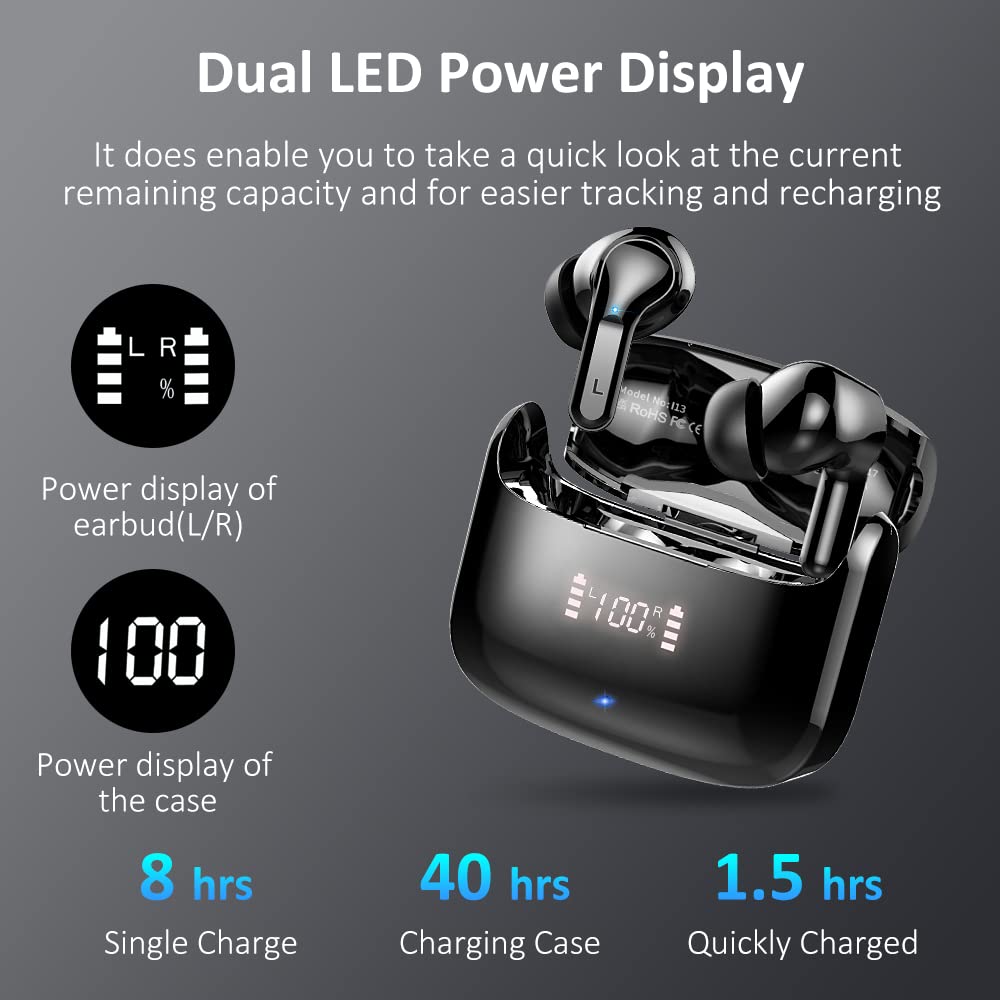Wireless Earbuds, 2026 Bluetooth 5.4 Headphones NEW Ear Buds 40H Bass Stereo in-Ear Earphones ENC Noise Cancelling Earbuds with 4 HD Mic, USB-C LED Display IP7 Waterproof Sport Headset for Android iOS