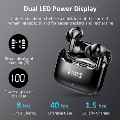 Wireless Earbuds, 2026 Bluetooth 5.4 Headphones NEW Ear Buds 40H Bass Stereo in-Ear Earphones ENC Noise Cancelling Earbuds with 4 HD Mic, USB-C LED Display IP7 Waterproof Sport Headset for Android iOS
