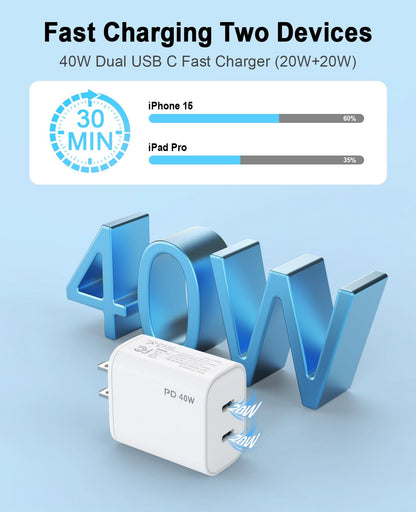 iPhone 17 16 15 Charger, USB C Charger, 4-Pack Fast Wall Charging, USB-C Chargers Block (4-Pack 6 ft Cable Included) for iPhone 17/16/15/15 Pro/15 Pro Max/iPad Pro/AirPods Samsung & More