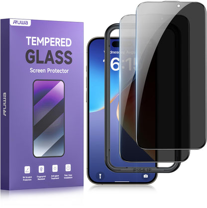 ruwa Privacy Screen Protector for iPhone 13/13 Pro/14/16e [2-Pack][6.1 Inch] Display Tempered Glass Film with Easy Installation Frame, Ultra HD, 9H Hardness, Scratch Resistant, Case Friendly