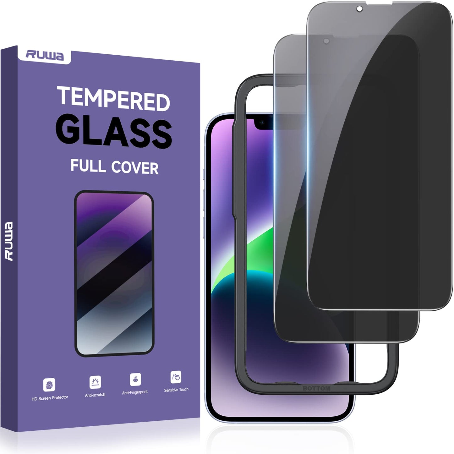 ruwa Privacy Screen Protector for iPhone 13/13 Pro/14/16e [2-Pack][6.1 Inch] Display Tempered Glass Film with Easy Installation Frame, Ultra HD, 9H Hardness, Scratch Resistant, Case Friendly