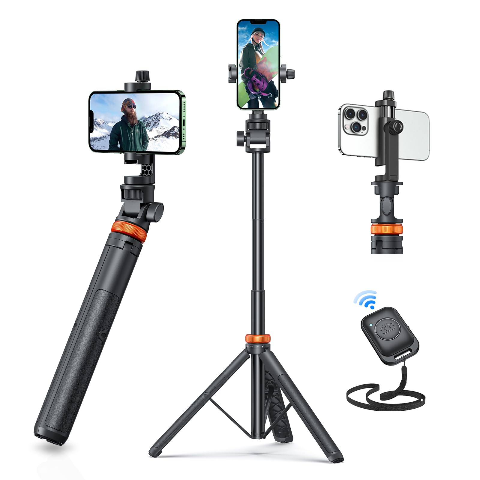 Smartphone tripod with adjustable pole, black with orange accents, remote control included.