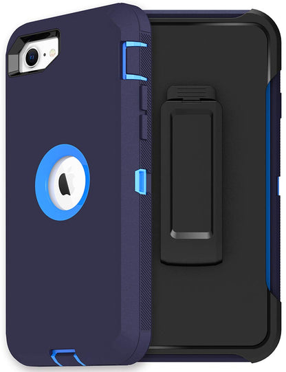 MXX Heavy Duty Protective Case for iPhone SE 2020/22 with Screen Protector, 3 Layers, Rugged Rubber, Rotating 360 Degree Belt Clip, Black/Gray