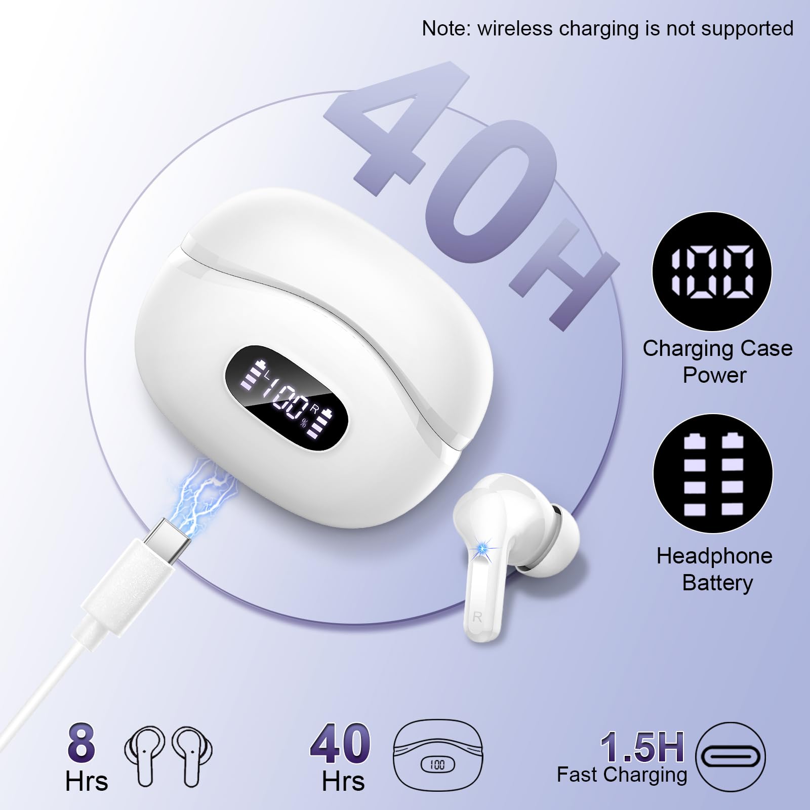 Wireless Earbuds, 2026 Bluetooth 5.4 Headphones NEW Ear Buds 40H Bass Stereo in-Ear Earphones ENC Noise Cancelling Earbuds with 4 HD Mic, USB-C LED Display IP7 Waterproof Sport Headset for Android iOS
