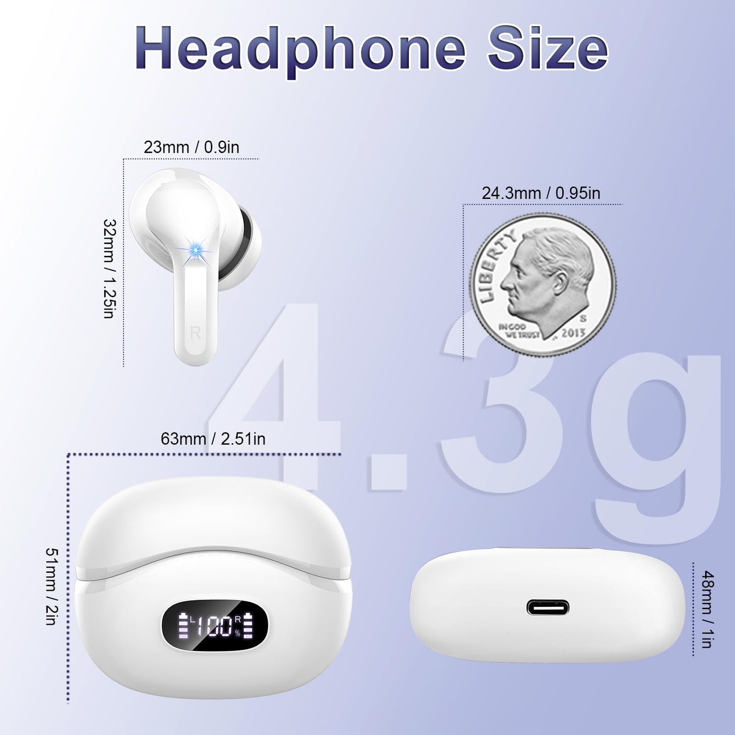 Wireless Earbuds, 2026 Bluetooth 5.4 Headphones NEW Ear Buds 40H Bass Stereo in-Ear Earphones ENC Noise Cancelling Earbuds with 4 HD Mic, USB-C LED Display IP7 Waterproof Sport Headset for Android iOS