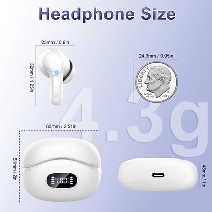 Wireless Earbuds, 2026 Bluetooth 5.4 Headphones NEW Ear Buds 40H Bass Stereo in-Ear Earphones ENC Noise Cancelling Earbuds with 4 HD Mic, USB-C LED Display IP7 Waterproof Sport Headset for Android iOS
