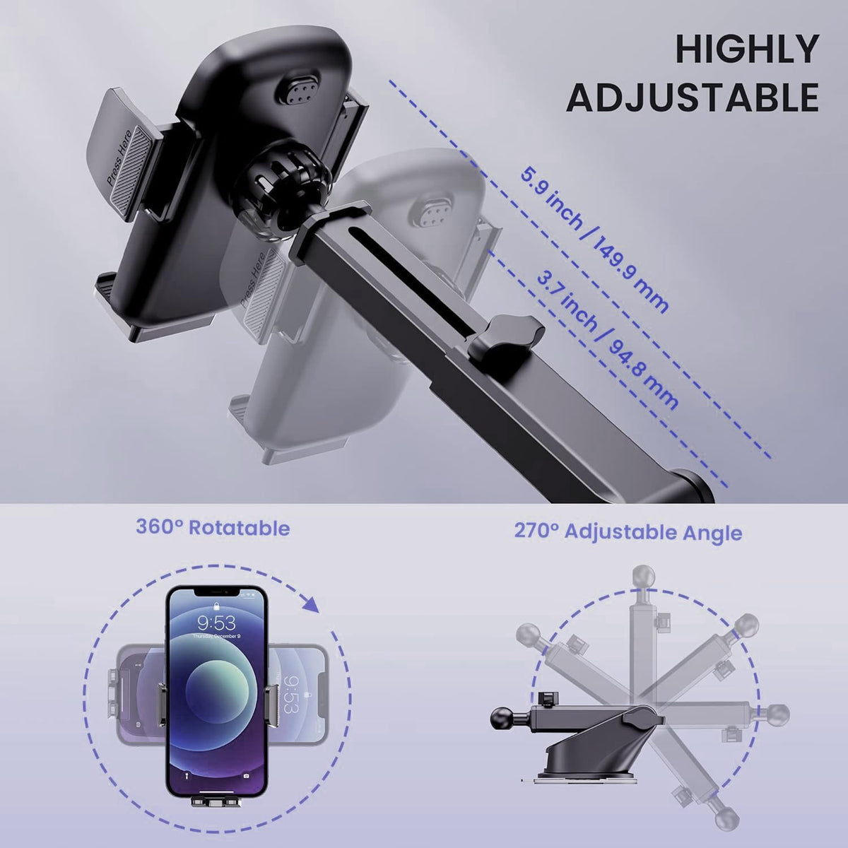 Qifutan Cell Phone Holder for Car Mount Car Vent Phone Mount, 360° Rotatable, Hands-Free Air Vent Holder for iPhone Smartphones Camera Mounts(4-7 Inch)