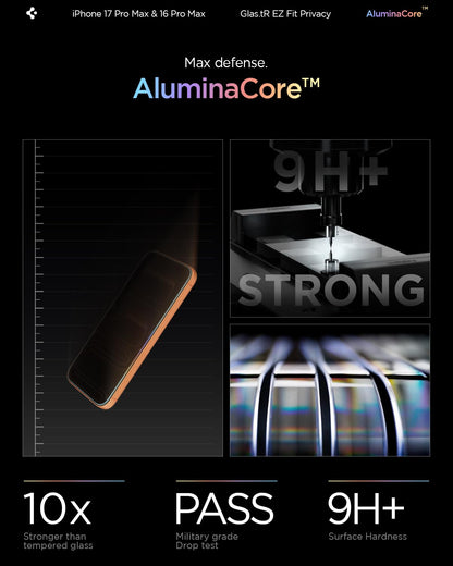 Spigen AluminaCore Tempered Glass Screen Protector [Glas.tR EZ Fit - Privacy] designed for iPhone 17 Pro | iPhone 17 | iPhone 16 Pro [2 Pack] 9H+ Hardness, Aluminum-Enhanced Durability | Tempered Glass, Privacy