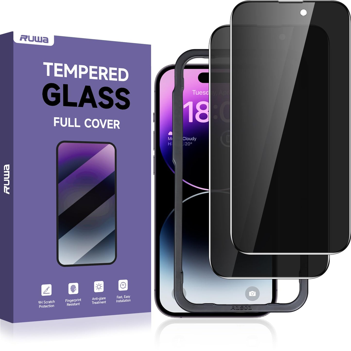 ruwa Privacy Screen Protector for iPhone 13/13 Pro/14/16e [2-Pack][6.1 Inch] Display Tempered Glass Film with Easy Installation Frame, Ultra HD, 9H Hardness, Scratch Resistant, Case Friendly