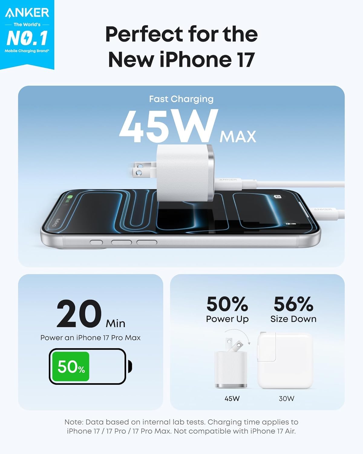 Anker Nano Charger, 45W Fast Charging, Compact and Foldable Plug USB C Charger Block for iPhone 17 Series, MacBook, Pixel 9, iPad, Samsung Galaxy S25 Ultra / S24 Series (6 ft Cable Included)