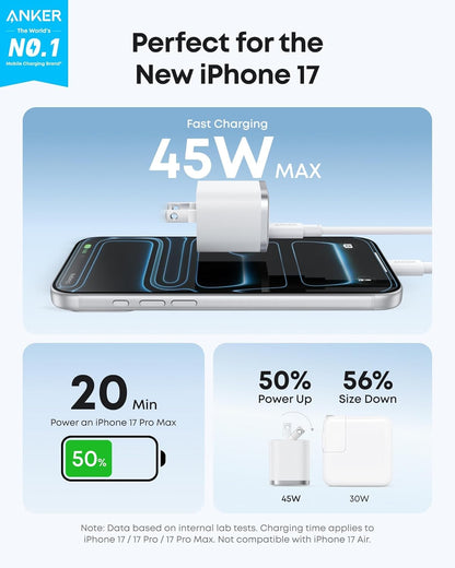 Anker Nano Charger, 45W Fast Charging, Compact and Foldable Plug USB C Charger Block for iPhone 17 Series, MacBook, Pixel 9, iPad, Samsung Galaxy S25 Ultra / S24 Series (6 ft Cable Included)