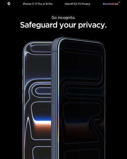 Spigen AluminaCore Tempered Glass Screen Protector [Glas.tR EZ Fit - Privacy] designed for iPhone 17 Pro | iPhone 17 | iPhone 16 Pro [2 Pack] 9H+ Hardness, Aluminum-Enhanced Durability | Tempered Glass, Privacy