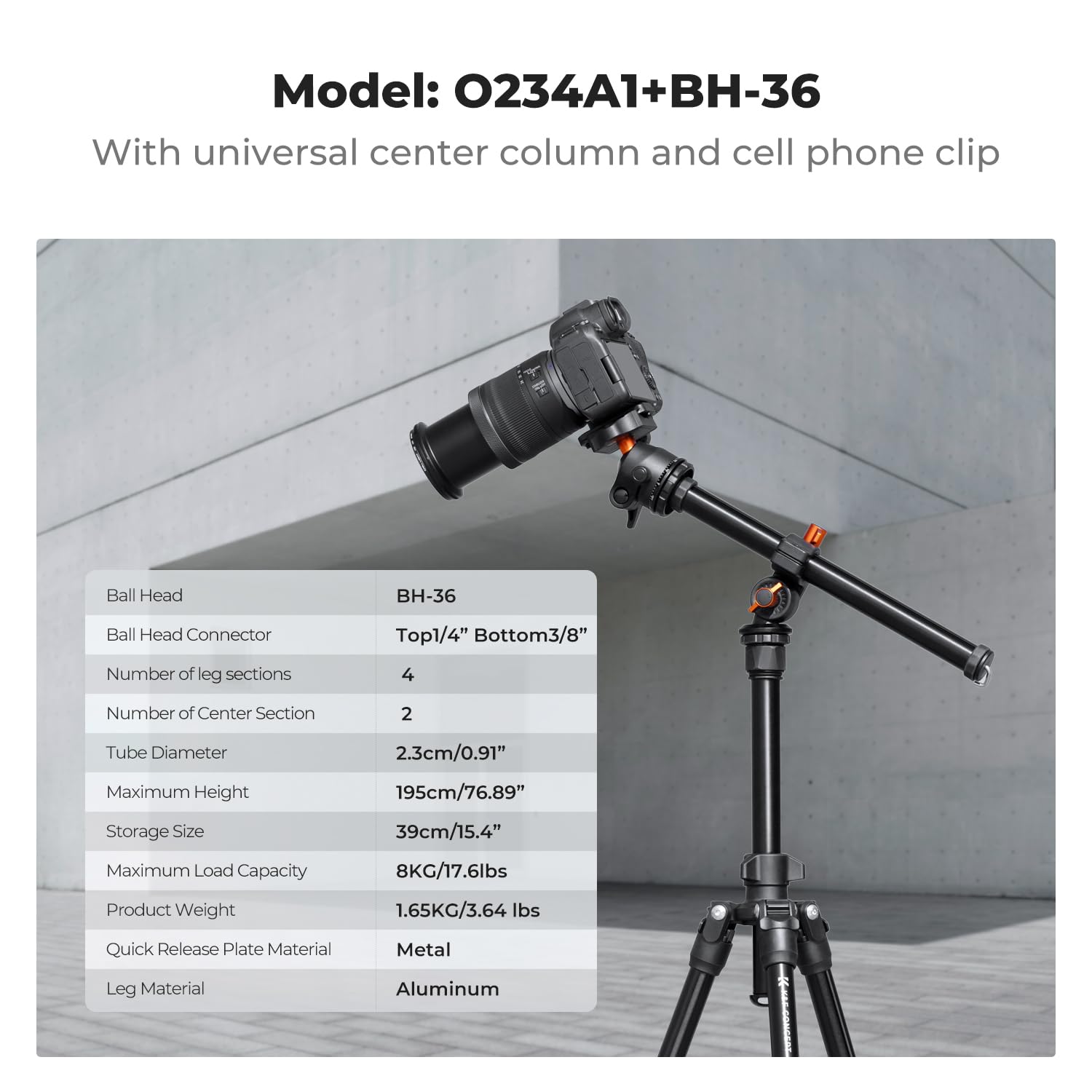 K&F Concept 76 inch Camera Tripod with Rotatable Multi-Angle Center Column,Lightweight Travel Outdoor DSLR Tripods with 360 Degree Ball Head Load Capacity 8kg/17.6lbs, Cellphone Clips for Smartphone