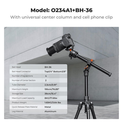 K&F Concept 76 inch Camera Tripod with Rotatable Multi-Angle Center Column,Lightweight Travel Outdoor DSLR Tripods with 360 Degree Ball Head Load Capacity 8kg/17.6lbs, Cellphone Clips for Smartphone