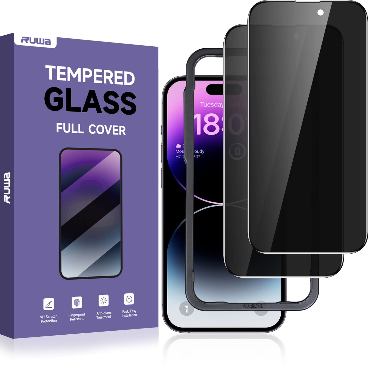 ruwa Privacy Screen Protector for iPhone 13/13 Pro/14/16e [2-Pack][6.1 Inch] Display Tempered Glass Film with Easy Installation Frame, Ultra HD, 9H Hardness, Scratch Resistant, Case Friendly