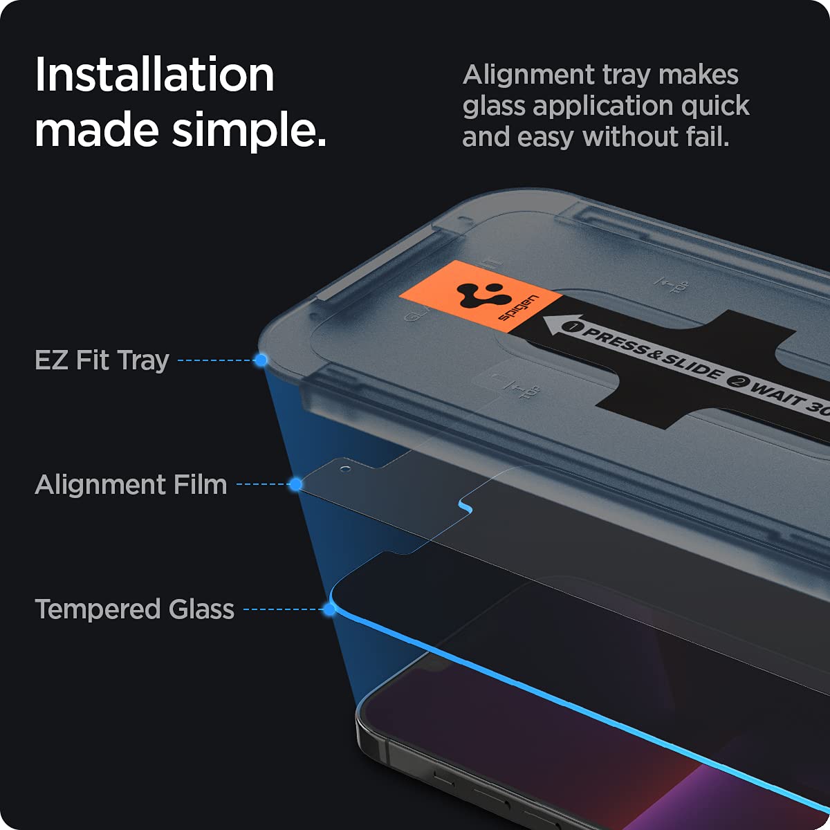 Spigen AluminaCore Tempered Glass Screen Protector [Glas.tR EZ Fit - Privacy] designed for iPhone 17 Pro | iPhone 17 | iPhone 16 Pro [2 Pack] 9H+ Hardness, Aluminum-Enhanced Durability | Tempered Glass, Privacy