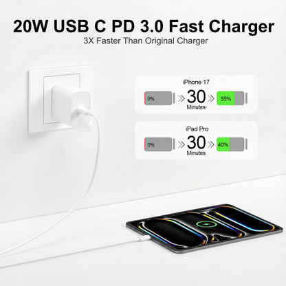 iPad Charger Fast Charging, 20W USB C Charger Block with 10FT & 6FT USB C to C Cable for iPad Pro 13/12.9/11 inch, iPad A16 11th/10th Generation, iPad Air 13/11 inch M4/M3/M2/5th/4th, iPad mini 7/6