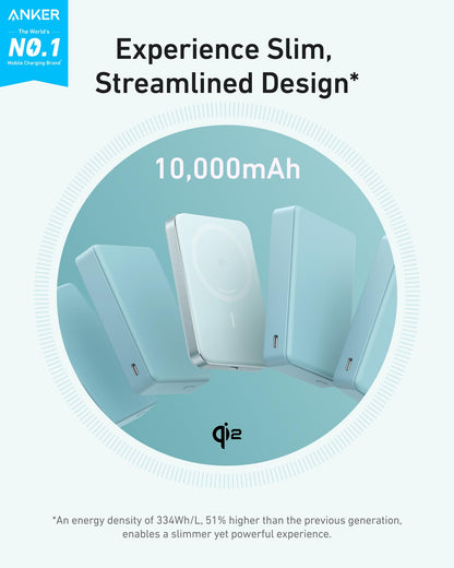 Anker MagGo Power Bank, Ultra-Slim 10,000mAh Magnetic Battery Pack, Qi2 Certified 15W Ultra-Fast MagSafe Compatible Portable Charger, Ergonomic Design, for iPhone17/16/15/14 Series Only（Not for Pixel）