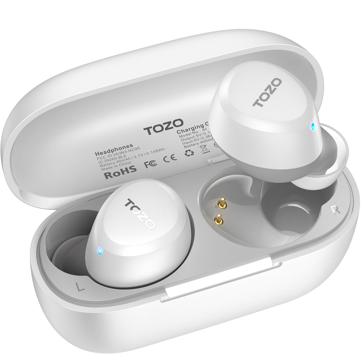 White earbuds with "TOZO" branding in an open charging case; one earbud shows a blue light.
