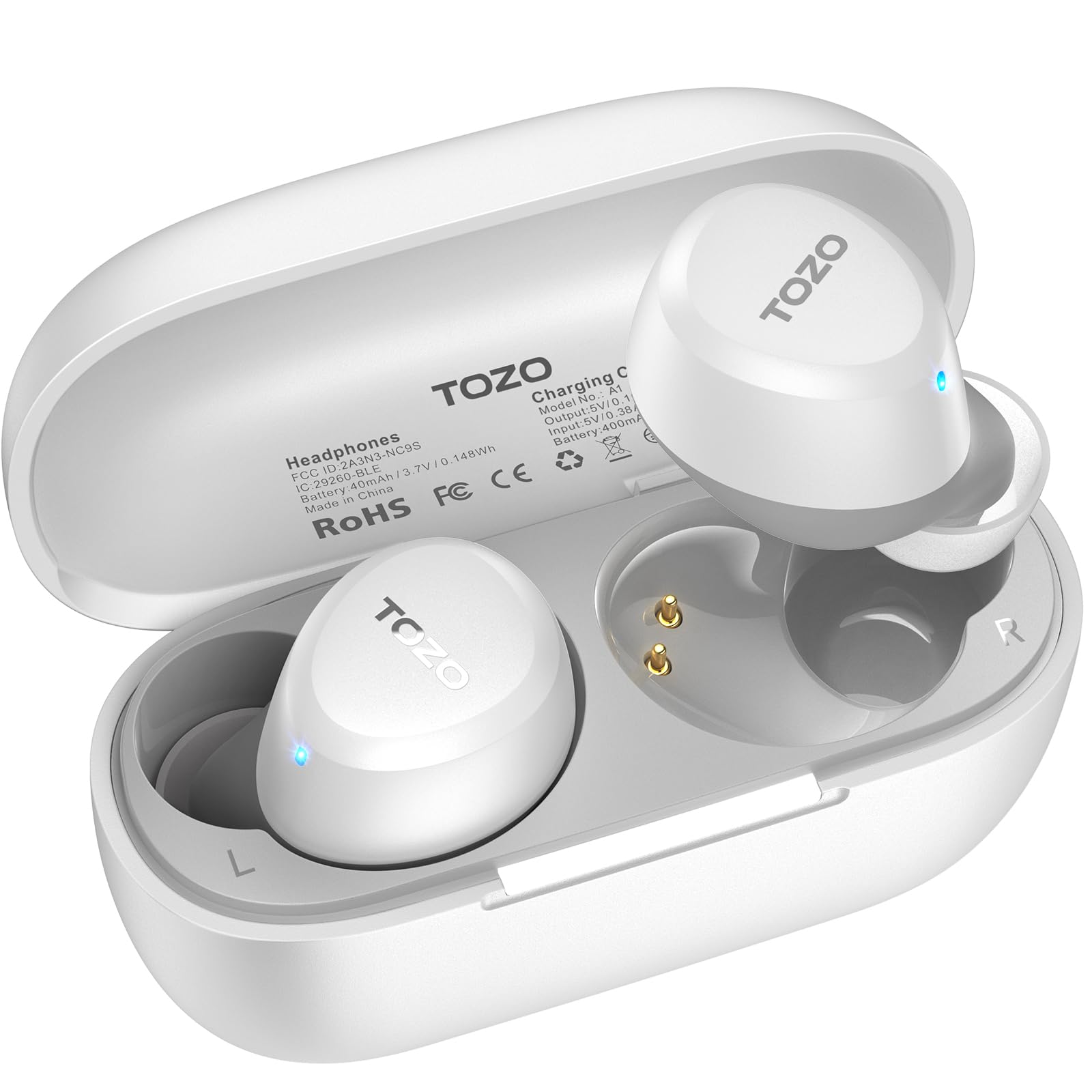 White earbuds with "TOZO" branding in an open charging case; one earbud shows a blue light.