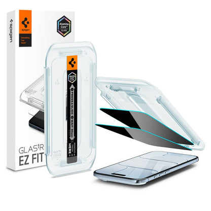 Spigen AluminaCore Tempered Glass Screen Protector [Glas.tR EZ Fit - Privacy] designed for iPhone 17 Pro | iPhone 17 | iPhone 16 Pro [2 Pack] 9H+ Hardness, Aluminum-Enhanced Durability | Tempered Glass, Privacy